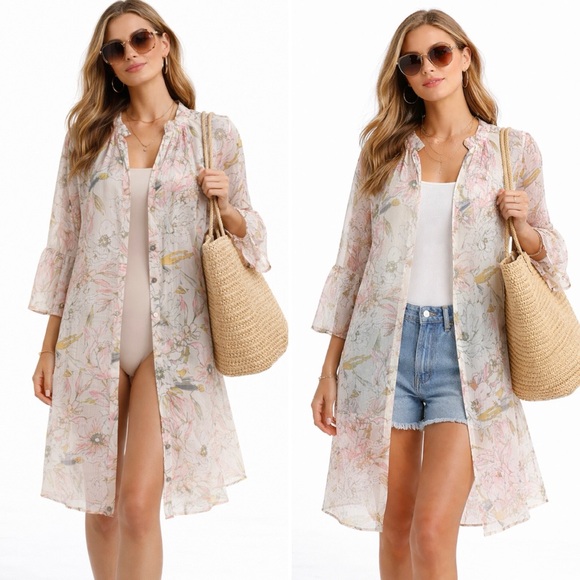 Lucky Brand Other - Lucky Brand Sheer Floral Cover Up Tunic Dress XL Ruffle Sleeve Boho Beach 💚🎀